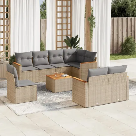 Salon de jardin avec coussins 9 pcs beige résine tressée