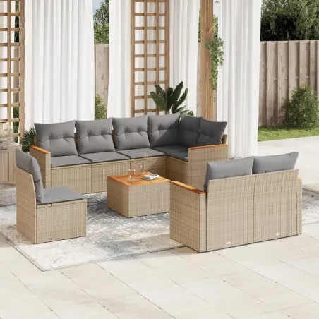 Salon de jardin avec coussins 9 pcs beige résine tressée