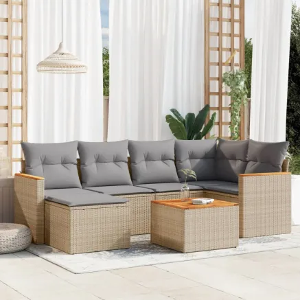 Salon de jardin avec coussins 7 pcs beige résine tressée