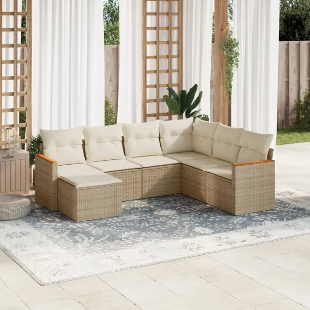 Salon de jardin avec coussins 7 pcs beige résine tressée