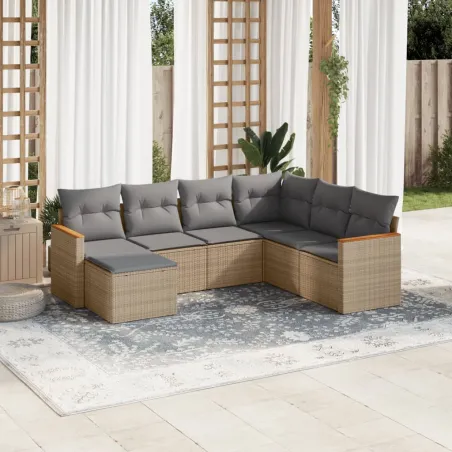 Salon de jardin avec coussins 7 pcs beige résine tressée