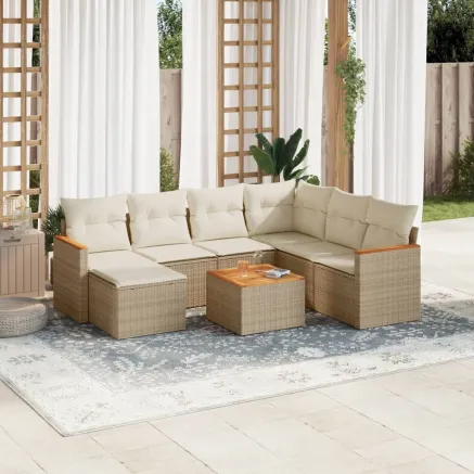 Salon de jardin avec coussins 8 pcs beige résine tressée