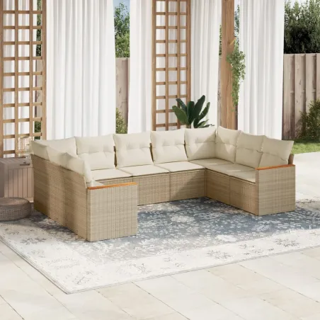 Salon de jardin avec coussins 9 pcs beige résine tressée