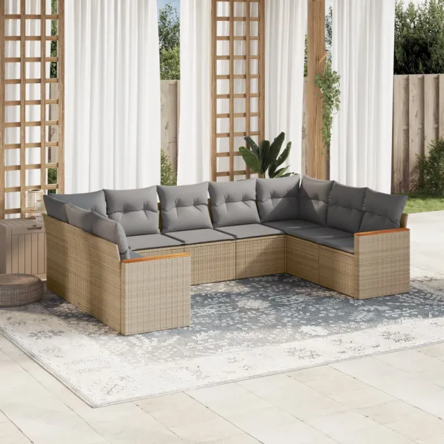 Salon de jardin avec coussins 9 pcs beige résine tressée