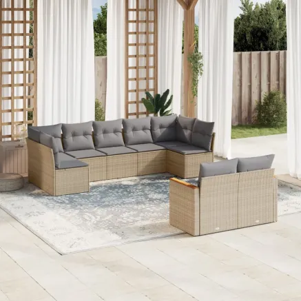 Salon de jardin avec coussins 9 pcs beige résine tressée