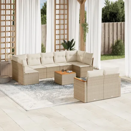 Salon de jardin avec coussins 10 pcs beige résine tressée