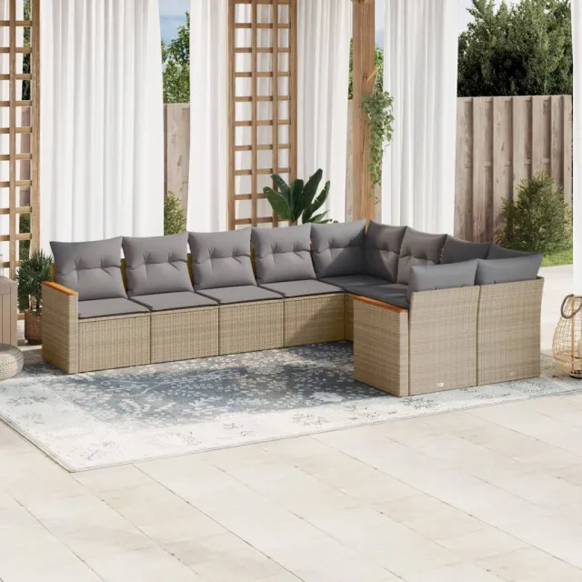 Salon de jardin avec coussins 9 pcs beige résine tressée