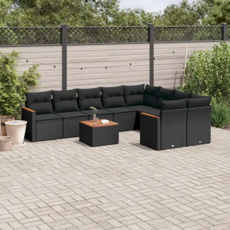 Salon de jardin 10 pcs avec coussins noir résine tressée