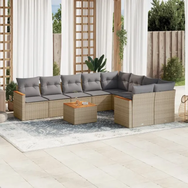 Salon de jardin avec coussins 10 pcs beige résine tressée