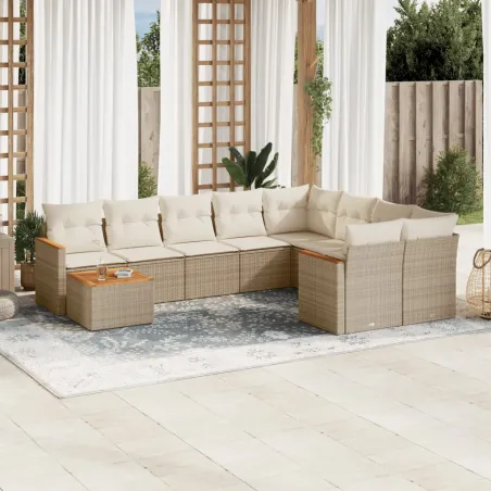 Salon de jardin avec coussins 10 pcs beige résine tressée