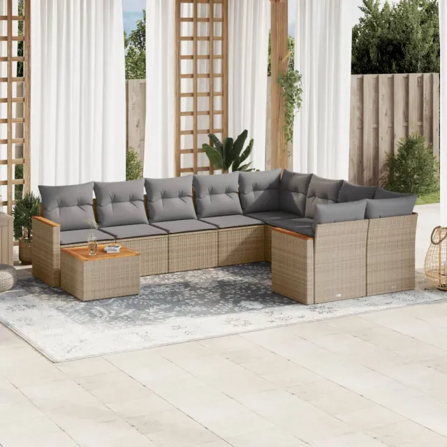Salon de jardin avec coussins 10 pcs beige résine tressée