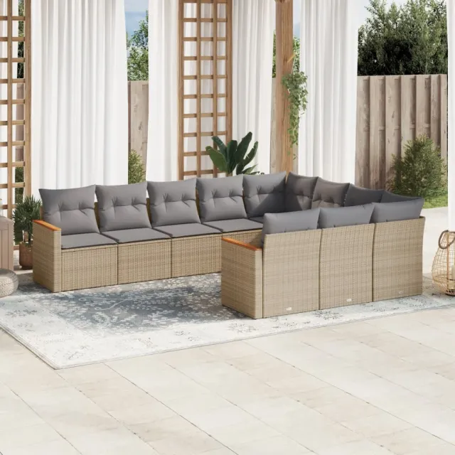 Salon de jardin avec coussins 10 pcs beige résine tressée