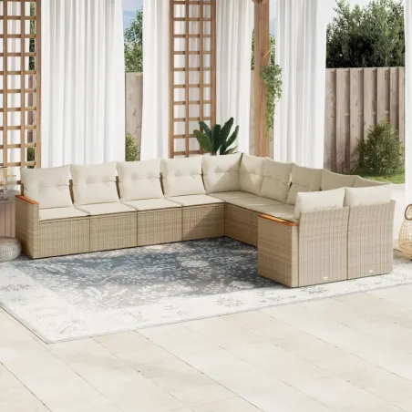 Salon de jardin avec coussins 10 pcs beige résine tressée