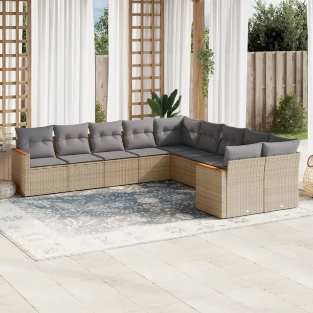Salon de jardin avec coussins 10 pcs beige résine tressée