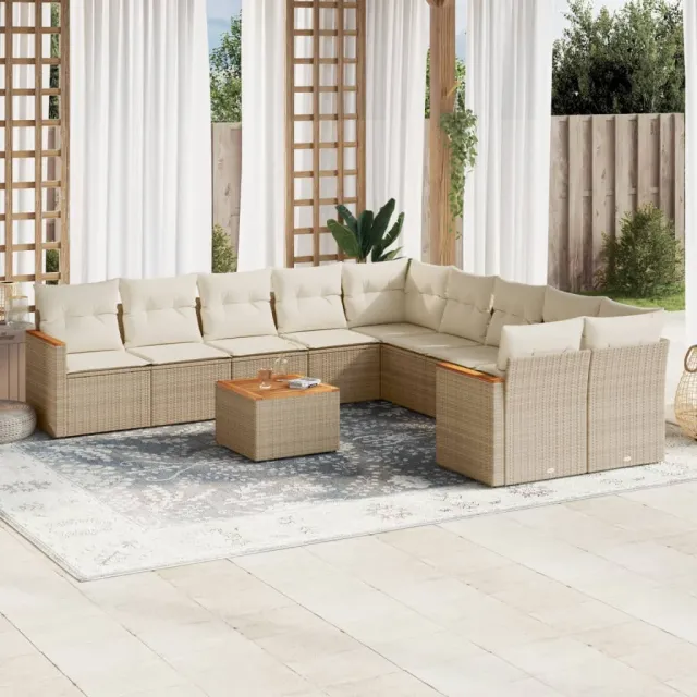 Salon de jardin 11 pcs avec coussins beige résine tressée