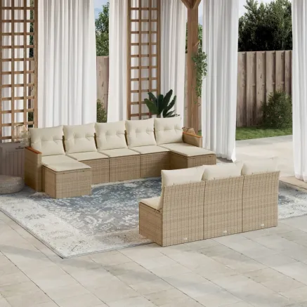 Salon de jardin avec coussins 10 pcs beige résine tressée