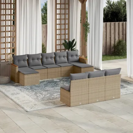 Salon de jardin avec coussins 10 pcs beige résine tressée