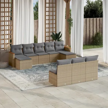 Salon de jardin avec coussins 10 pcs beige résine tressée