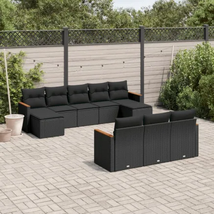 Salon de jardin 10 pcs avec coussins noir résine tressée