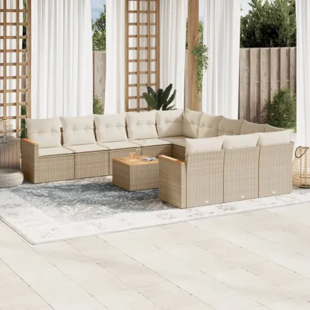 Salon de jardin avec coussins 12 pcs beige résine tressée