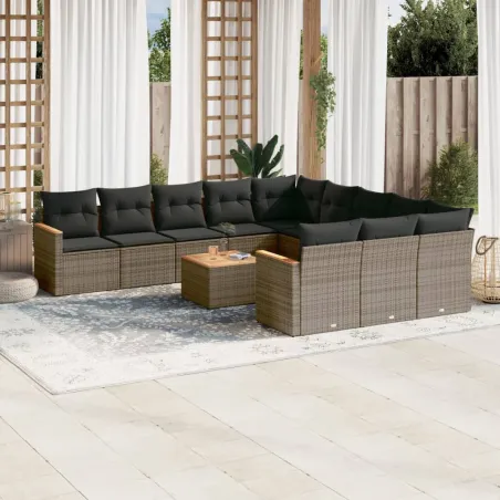 Salon de jardin avec coussins 12 pcs gris résine tressée