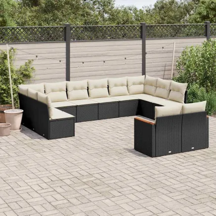 Salon de jardin 12 pcs avec coussins noir résine tressée