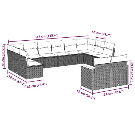 Salon de jardin 12 pcs avec coussins noir résine tressée