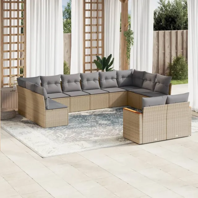 Salon de jardin avec coussins 12 pcs beige résine tressée