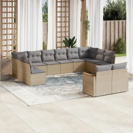 Salon de jardin avec coussins 12 pcs beige résine tressée