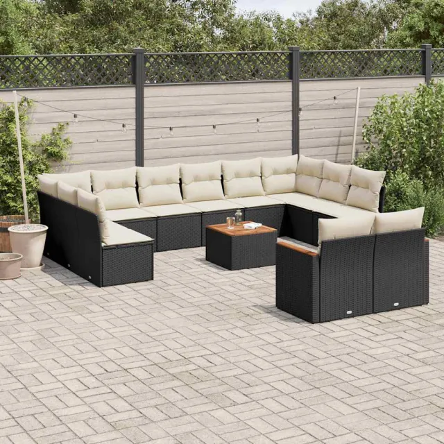 Salon de jardin avec coussins 13 pcs noir résine tressée
