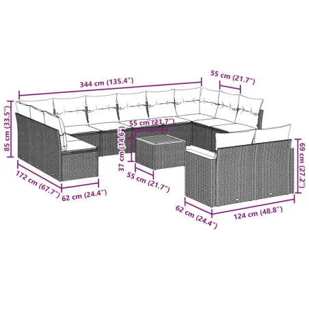 Salon de jardin avec coussins 13 pcs noir résine tressée