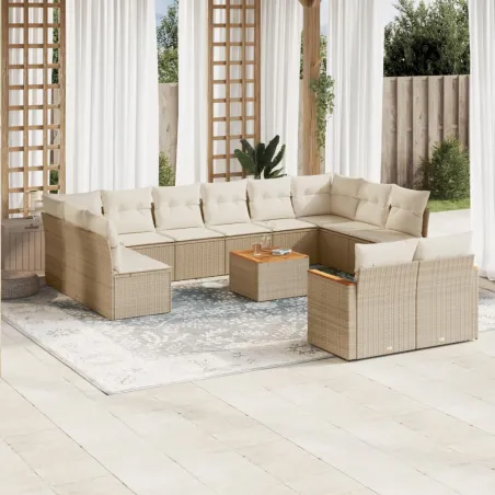 Salon de jardin avec coussins 13 pcs beige résine tressée