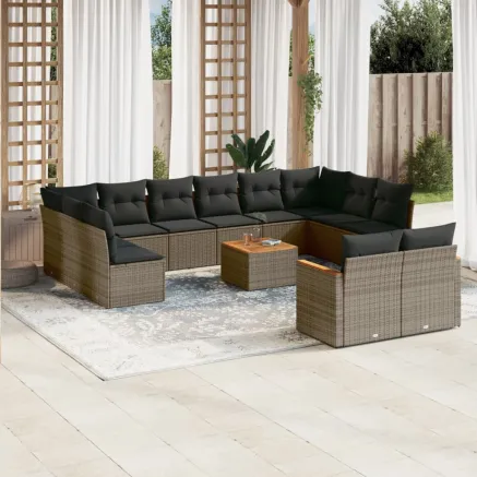 Salon de jardin avec coussins 13 pcs gris résine tressée