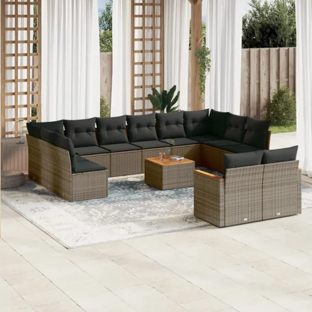 Salon de jardin avec coussins 13 pcs gris résine tressée