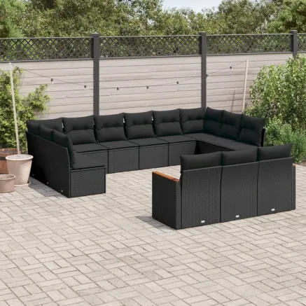 Salon de jardin avec coussins 13 pcs noir résine tressée