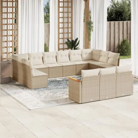 Salon de jardin avec coussins 13 pcs beige résine tressée