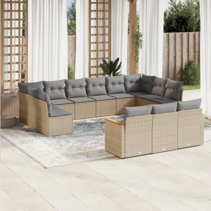 Salon de jardin avec coussins 13 pcs beige résine tressée