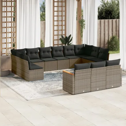 Salon de jardin avec coussins 13 pcs gris résine tressée