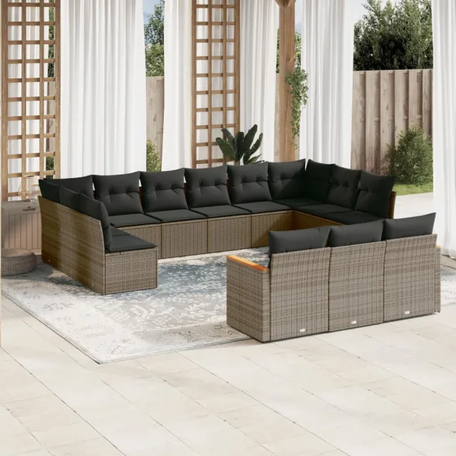 Salon de jardin avec coussins 13 pcs gris résine tressée