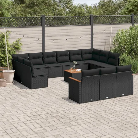 Salon de jardin avec coussins 14 pcs noir résine tressée