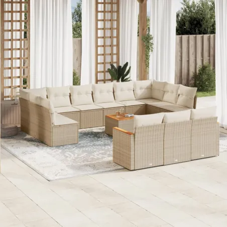 Salon de jardin avec coussins 14 pcs beige résine tressée
