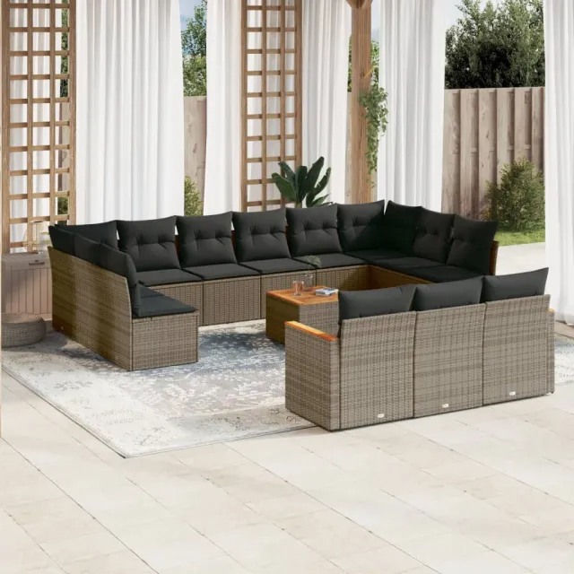 Salon de jardin avec coussins 14 pcs gris résine tressée