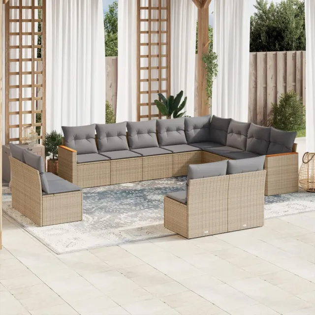 Salon de jardin avec coussins 12 pcs beige résine tressée