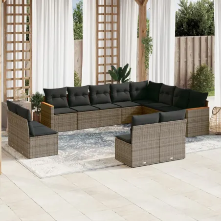 Salon de jardin avec coussins 12 pcs gris résine tressée