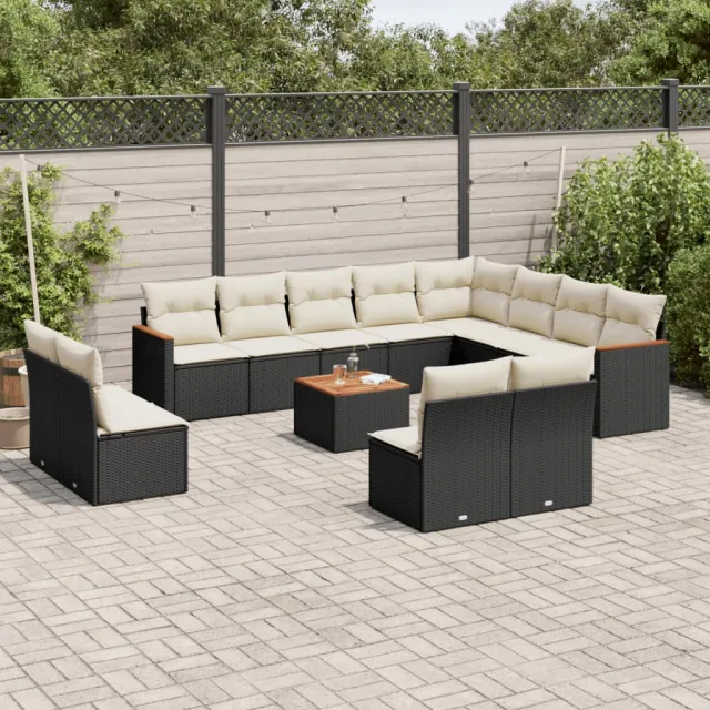 Salon de jardin avec coussins 13 pcs noir résine tressée