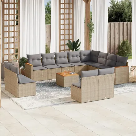 Salon de jardin avec coussins 13 pcs beige résine tressée