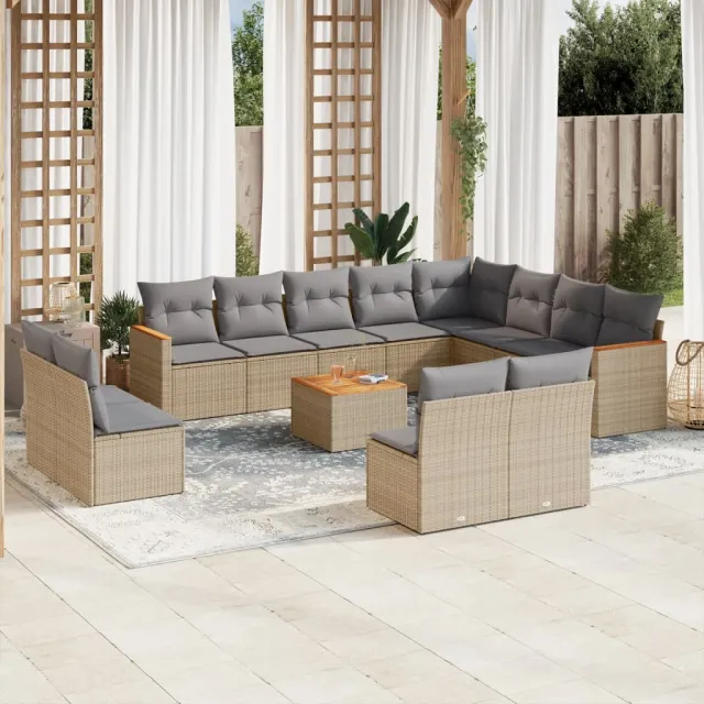 Salon de jardin avec coussins 13 pcs beige résine tressée