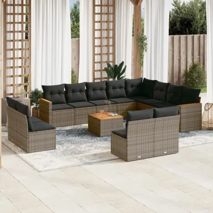Salon de jardin avec coussins 13 pcs gris résine tressée