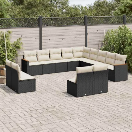 Salon de jardin avec coussins 13 pcs noir résine tressée