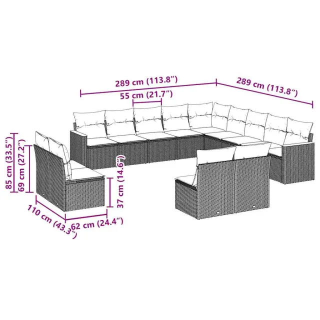Salon de jardin avec coussins 13 pcs noir résine tressée